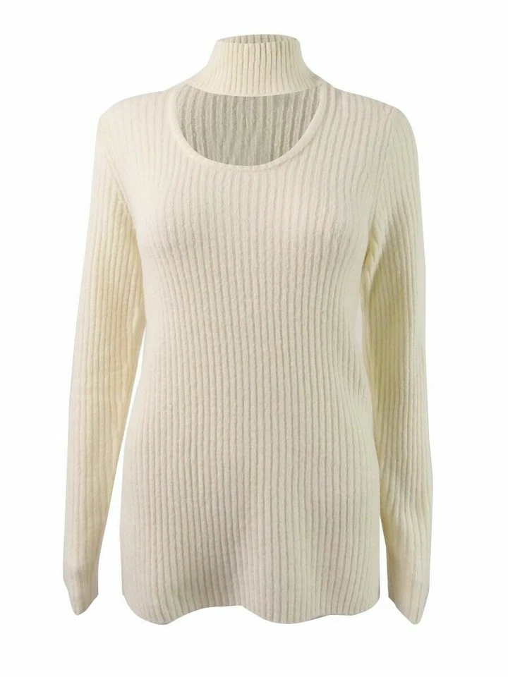 Kensie Womens Ivory Choker Long Sleeves Ribbed Knit Sweater Top M BHFO 7650