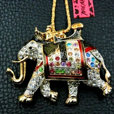 Betsey Johnson White Elephant Basket Rider Gold Pendant Necklace Free Gift Bag - Image 1 of 3
