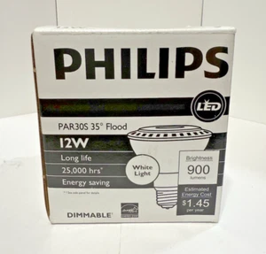 Phillips 120V 12W PAR30S LED White Light Flood 35° Dimmable 900 lumens 25K Hrs - Picture 1 of 4