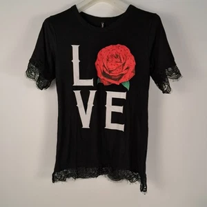 Electric Pink Women's T-Shirt, size M, Love graphics with studded rose and lace. - Picture 1 of 8
