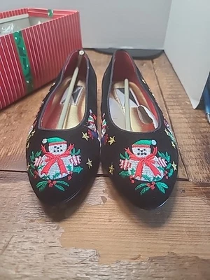 Vintage Mootsies Tootsies Christmas Holiday Flats Shoes Frosty Black Velvet 7 - Image 1 of 4