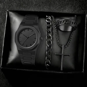 4 teiliges Herren Uhren Set Schwarz Quarzuhr Mit Armband Halskette Ring Business - Bild 1 von 6