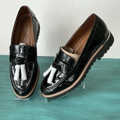 Franco Sarto Sz 10W Carolynn Tassel Loafers Black Patent Leather Chic Shoes NWOT - Image 1 of 4