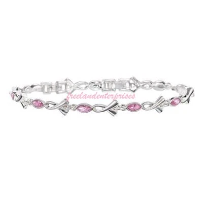Breast Cancer Pink Hope Tennis Bracelet with Ribbon Accents ~Pink & Silvertone~ - Image 1 of 2