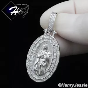 MEN SOLID 925 STERLING SILVER ICY BLING CZ 3D VIRGIN MARY OVAL PENDANT*SP395 - Picture 1 of 4