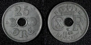 Denmark Christian X German Occupation Zinc 1945 25 Ore WWII Issue KM# 823.2a (3) - Picture 1 of 3
