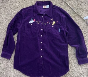 Top donna vintage Looney Tunes grande viola manica lunga velluto a coste con bottoni 2002 - Foto 1 di 8