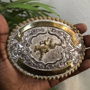 VTG Crumrine Western Cowboy Saddle Bronc Rider Belt Buckle Rodeo SILVER PLATE - Picture 1 of 4