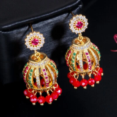 Vivid Tassel Drop Dangly Pearl Beaded Earrings Gold Plated CZ Multicolor Jewelry - Image 1 of 4