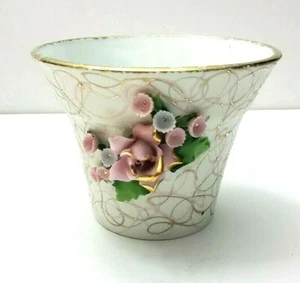 VINTAGE LEFTON CHINA SMALL HAND PAINTED PLANTER PINK 3D ROSES GOLD DESIGN #51442 - Picture 1 of 12