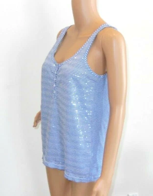 J. CREW Sparkly Sequin Blue White Stripe 100% Cotton Henley Sleeveless Tank EUC - Image 1 of 4