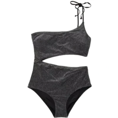 Victorias Secret PINK Swim Shimmer One Shoulder One-Piece Swimsuit Gray XLarge - Image 1 of 4