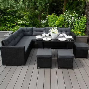 Rattan Corner Furniture Set Garden Black Sofa Stools Table Waterproof Cushions - Picture 1 of 12