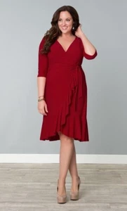 Kiyonna Dress Whimsy Style True Wrap Size 10 12 Red Ruffle Sexy Versatile Party - Picture 1 of 8