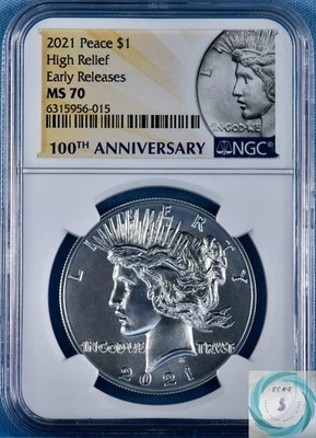 2021 Silver High-Relief Peace Dollar 100th NGC MS 70 Early Rel - #6315956-015 - Image 1 of 4
