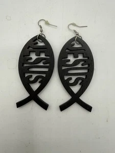 Wooden Christian Fish JESUS Dangle Drop Earrings Faith Religion Cross Wooden  - Picture 1 of 2