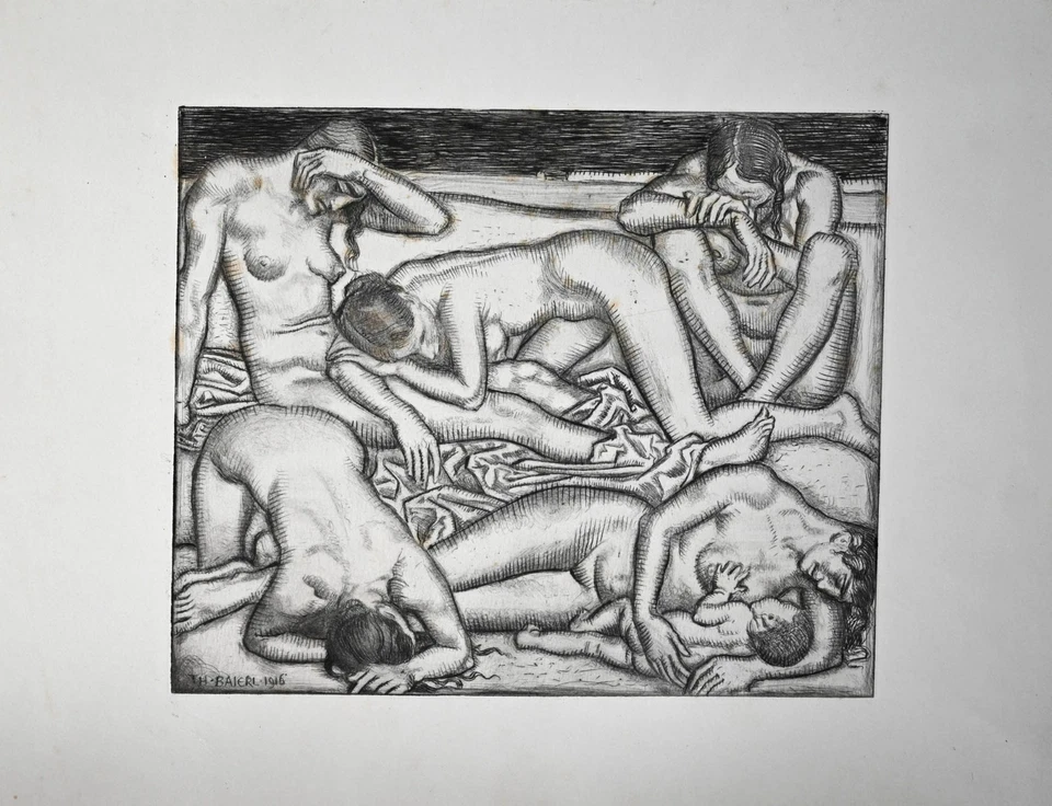 1916 Akte nackte Frauen Theodor Baierl (1881-1932) Original-Radierung - Bild 1 von 1