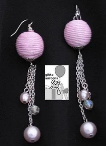 South Coast Handmade Pink Dangling Earrings with Corded Ball & Faux Pearls - Picture 1 of 3