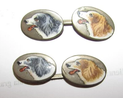 GEMELLI POLSINI  ANTICHI SMALTATI IN ARGENTO CANI primi 900 Dogs shirt cufflinks - Immagine 1 di 4