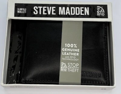 STEVE MADDEN MENS BLACK SLIMFOLD LEATHER BIFOLD  WALLET IN GIFT BOX RFID - Image 1 of 4