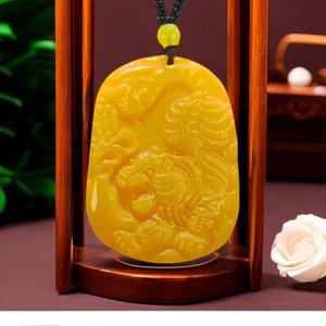 Yellow Real Jade Tiger Pendant Necklace Natural Vintage Charm Carved Jewelry - Picture 1 of 6
