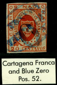 COLOMBIA 1861 ARMS of New GRANADA 20c red Sc# 17 "CARTAGENA - FRANCA" blue cxl - Picture 1 of 2
