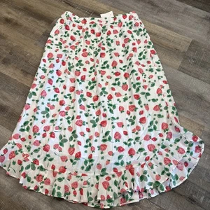 J.Crew Medium Midi Skirt Flounce Hem Strawberry Print Cotton Cottagecore READ - Picture 1 of 16