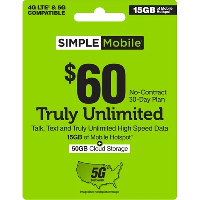 SIMPLE Mobile $60 Truly Unlimited Talk,Text,Data+ILD Plan[Physical Delivery] - Image 1 of 4