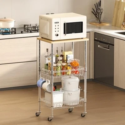Carro de almacenamiento de cocina con ruedas, estante de almacenamiento de 3 niveles con ruedas giratorias con astilla Foto 1 de 4