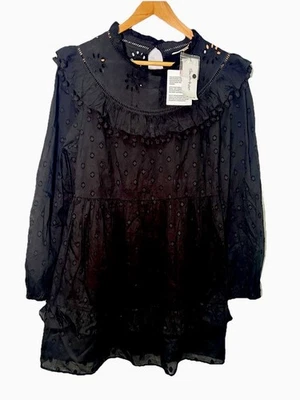 Miss Selfridge Dress Eyelet Fabric Puff Sleeves Ruffles Black Size 10 NWT Boho - Image 1 of 4