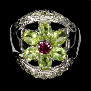 925 Sterling Silver Ring Oval Peridot Rhodolite Garnet Natural Gemstone Size 8 - Picture 1 of 14