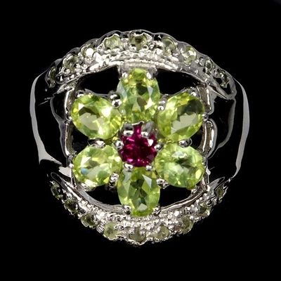 925 Sterling Silver Ring Oval Peridot Rhodolite Garnet Natural Gemstone Size 8 - Image 1 of 4