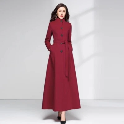 Women Ladies Maxi Long Full Length Belted Coat Single Breasted Wool Blend Trench - Image 1 of 4