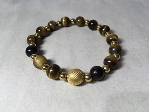 Invicta Tiger Eye & Gold Tone Beaded Stretch Bracelet Mens - Picture 1 of 11