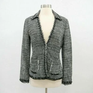 Ann Taylor Blazer Jacket Womens 4 Boucle Black White Career V-Neck Fitted - Picture 1 of 12