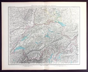 SWITZERLAND, SW GERMANY, SWISS ALPS, original antique map, Stieler, 1889 - Picture 1 of 6