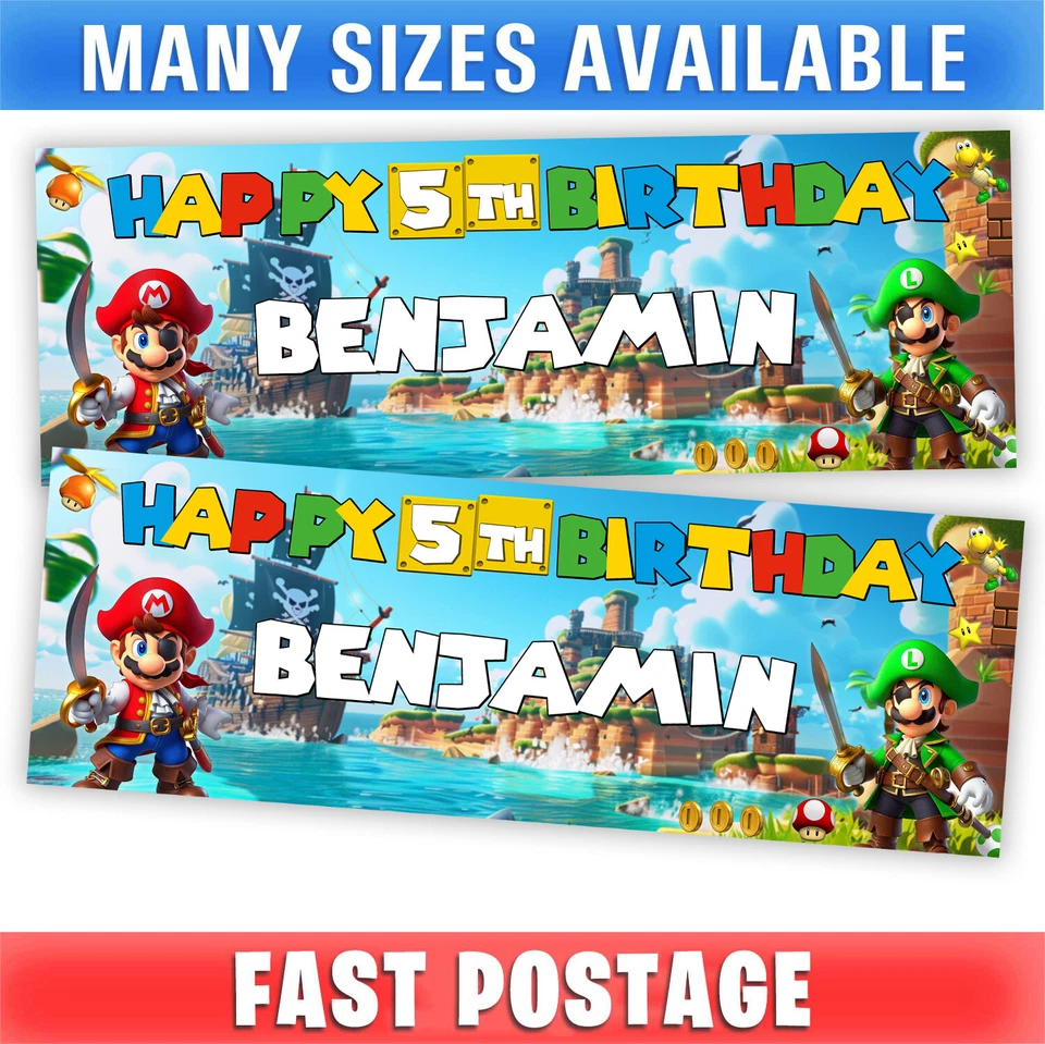 Mario & Luigi Pirates D1 Personalised Banner Party Birthday Kids Game Boys Girls - Image 1 of 1