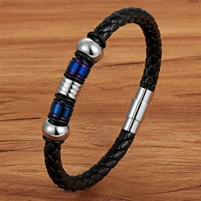 Pulsera magnética negra para hombre de cuero trenzado genuino 8,3 pulgadas Foto 1 de 2