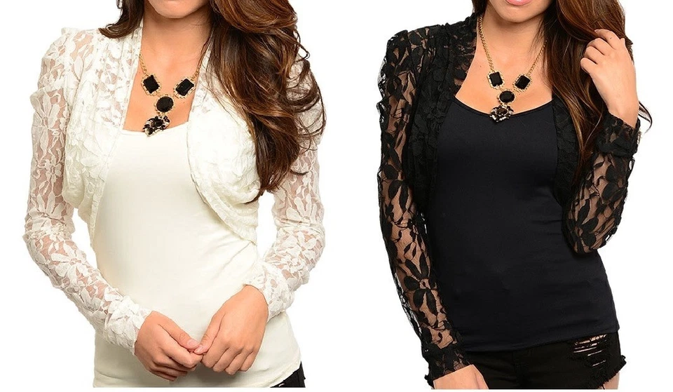 Black Long Sleeve Lace Cropped Bolero Shrug Cardigan S - Image 1 of 1