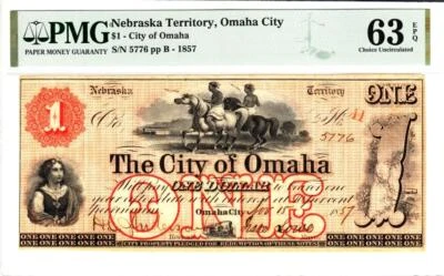 1857 $1 The City of Omaha, Nebraska PMG 63 EPQ Choice Uncirculated-  STUNNING! - Image 1 of 4