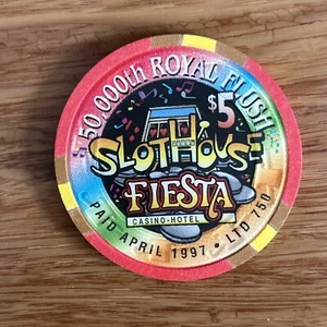 Fiesta Las Vegas Slothouse 50000 Royal Flush 1997 $5 chip casinò raro - Foto 1 di 3