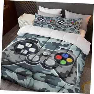 Camo Grey Gamepad Gamer Comforter Set for Boys Gaming Bedding Set Teens Game - Picture 1 of 7