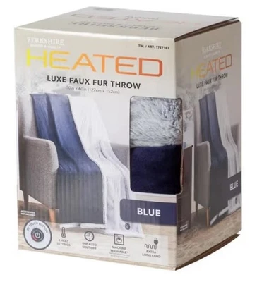 Heated Throw Blanket Blue 50”x60” Luxe Faux Fur 4 Heat Settings Auto Shut Off - Image 1 of 2