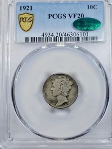 1921 Mercury Dime, PCGS & CAC VF20 True View Gold Shield Key Date - Picture 1 of 4