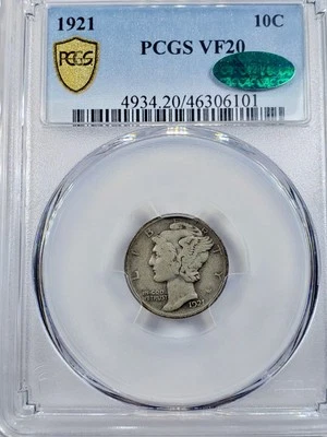 1921 Mercury Dime, PCGS & CAC VF20 True View Gold Shield Key Date  - Image 1 of 4