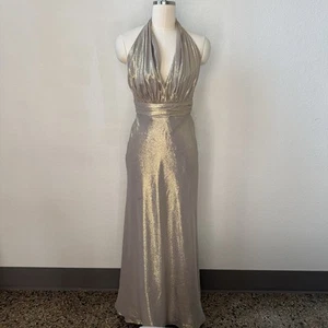 David Meister Gown Sz 4 Or Small 100% Silk Dress Gold Metallic Evening Wedding - Picture 1 of 9