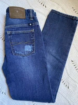 Lucky Brand Billy 直筒蓝色牛仔裤仿旧补丁女孩 14 码 — 第 1/4 张图片