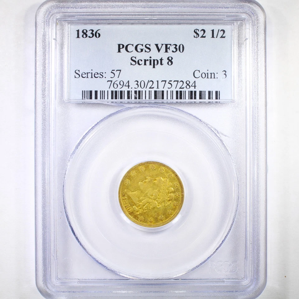 1836 $2.50 Script 8 PCGS VF30 - Cabeza clásica $2.5 - Moneda tipo oro cabeza clásica Foto 1 de 4