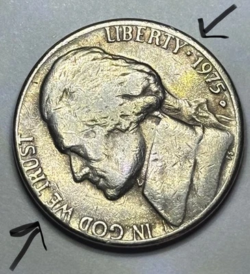 💥 1975 D Jefferson níquel DDO marca de ceca y letras en el borde error Foto 1 de 4