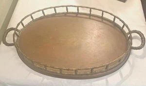 VTG BRASS OVAL SERVING TRAY Bamboo Fence 1970s LARGE Hollywood Regency MCM - Picture 1 of 7